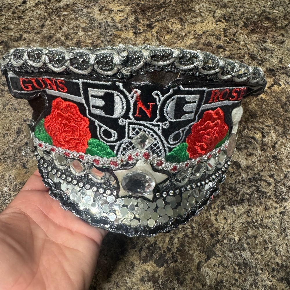 Guns N' Roses Embellished Sequin Visor Hat - Black with Red Roses